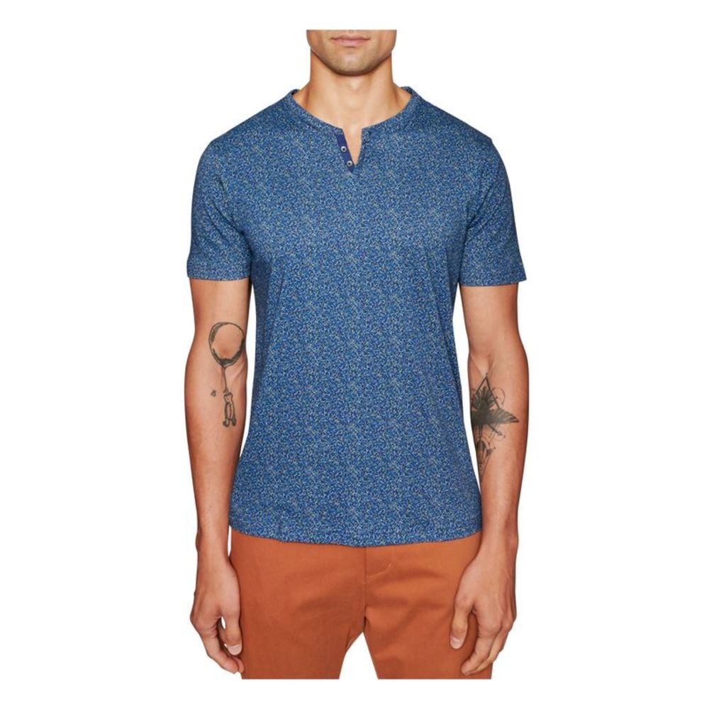 TALLIA SPORT Mens Blue Printed Short Sleeve Slim Fit Knit Henley Shirt L